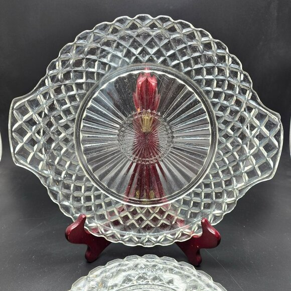 Vintage Anchor Hocking Waterford Waffle Glass Serving Platter + 2 Plates JJ4027 - Picture 3 of 8